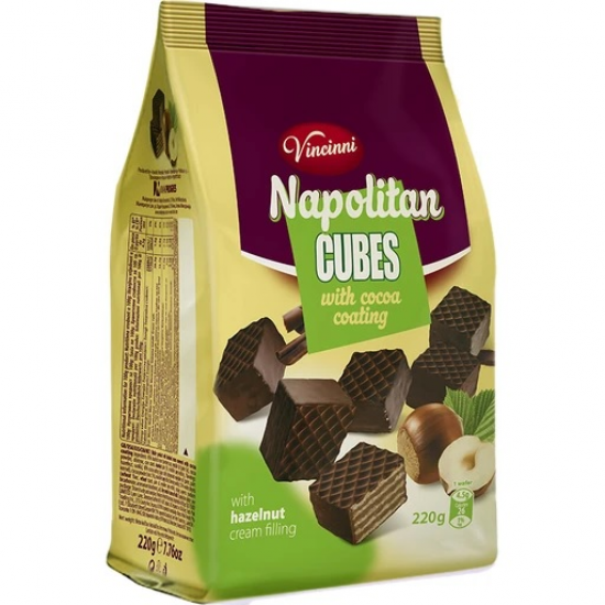 VINCINNI Napolitan Wafers Cubes με κρέμα φουντουκιού & επικάλυψη 220γρ.